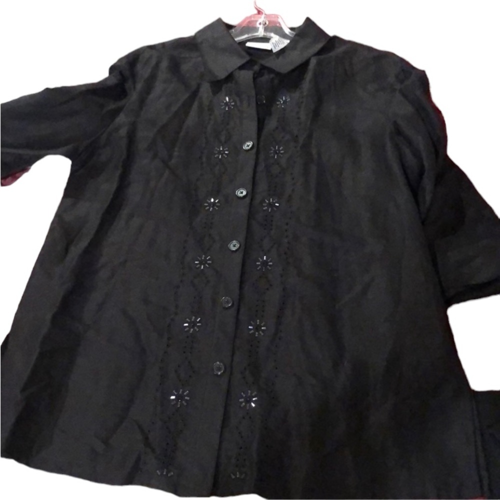 Covington black size 12 linen blend button down shirt with beaded detail NWOT